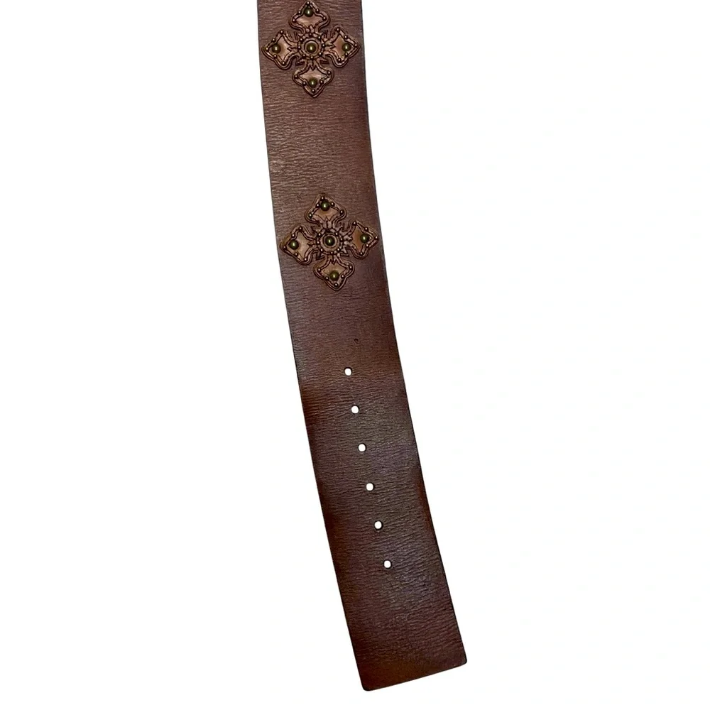 EXPRESS sz Small Belt Leather Boho Distressed Huge Buckle Brown